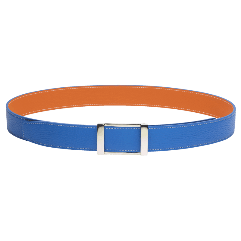 ceinture réversible en cuir bleu et orange