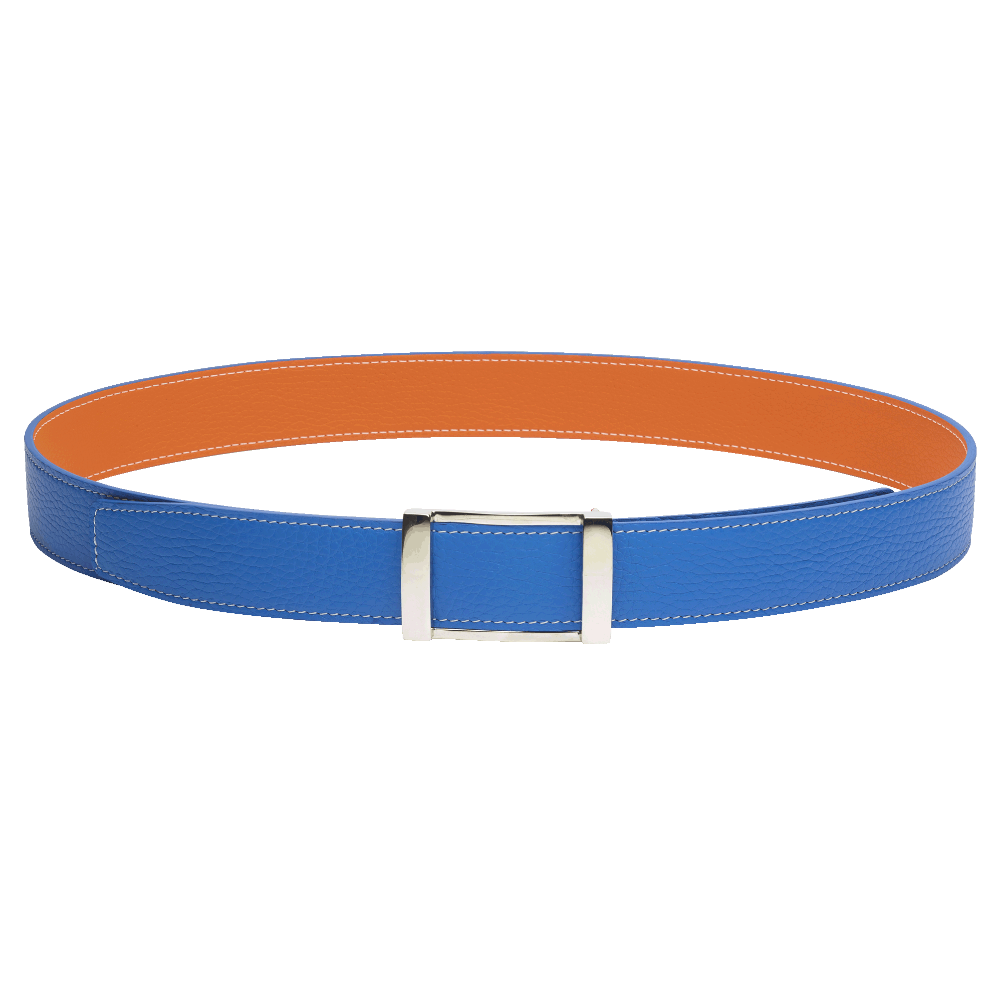 ceinture réversible en cuir bleu et orange